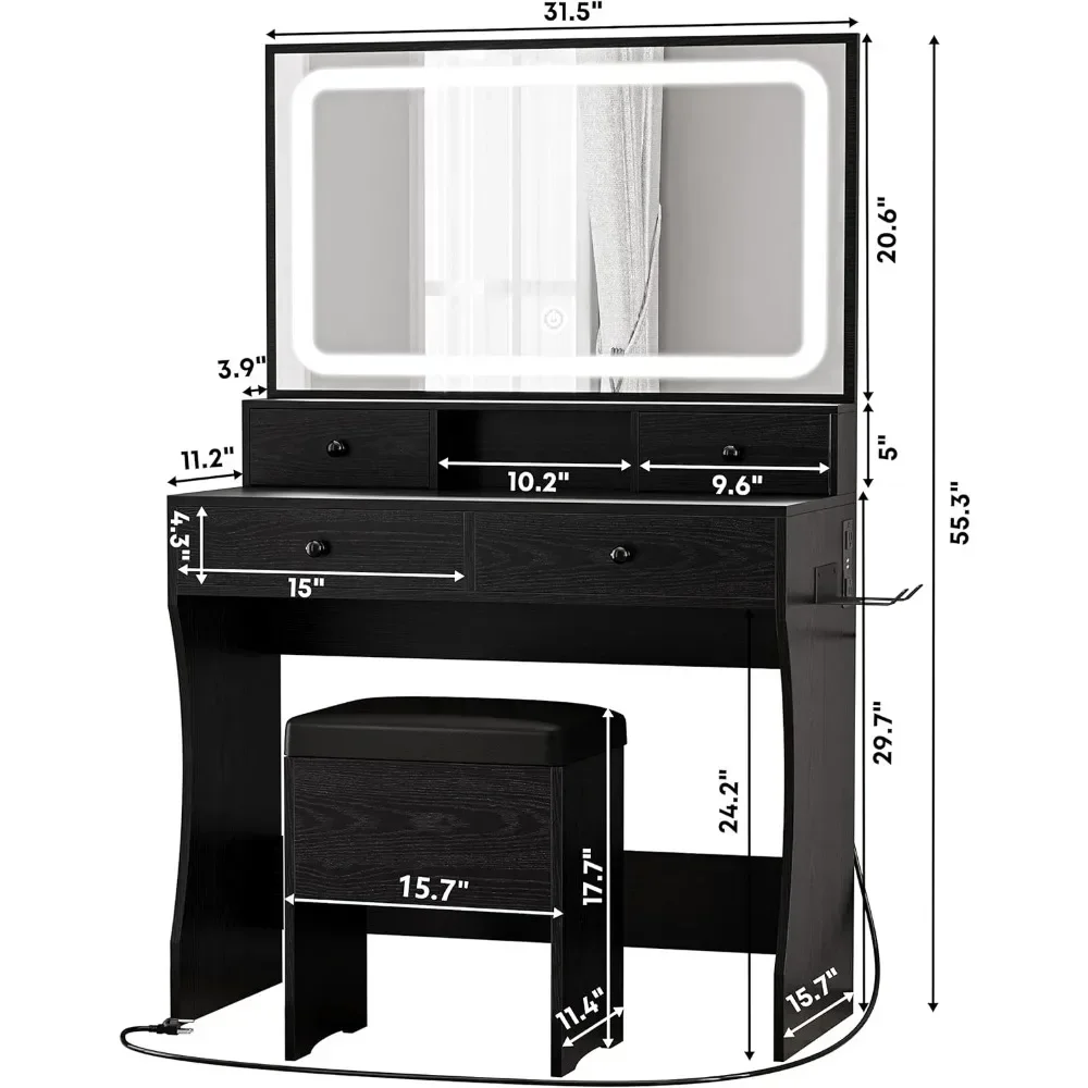 Biurko toaletkowe z podświetlanym diodami LED, gniazdko elektryczne z 4 szufladami, zestaw toaletek do makijażu ze stołkiem do przechowywania,