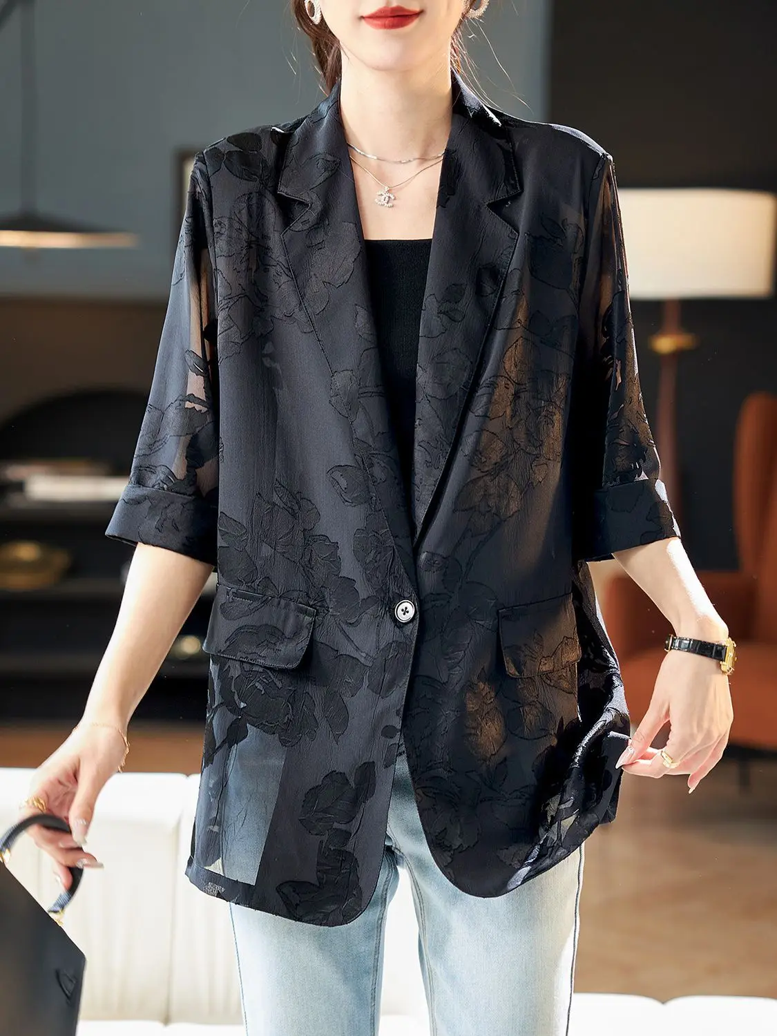 New Fashionable Micro Transparent Mesh Patchwork Suit Jacket for Women's Notched Long Sleeves Thin Style Coat 2025 Summer Wh4