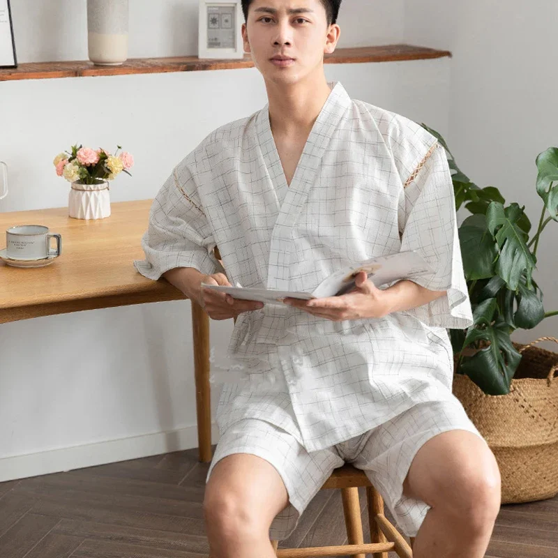 2023new Japanese traditional samurai kimono for men yukata bathing robe hekoobi loose sauna wear homewear summer short sleeve