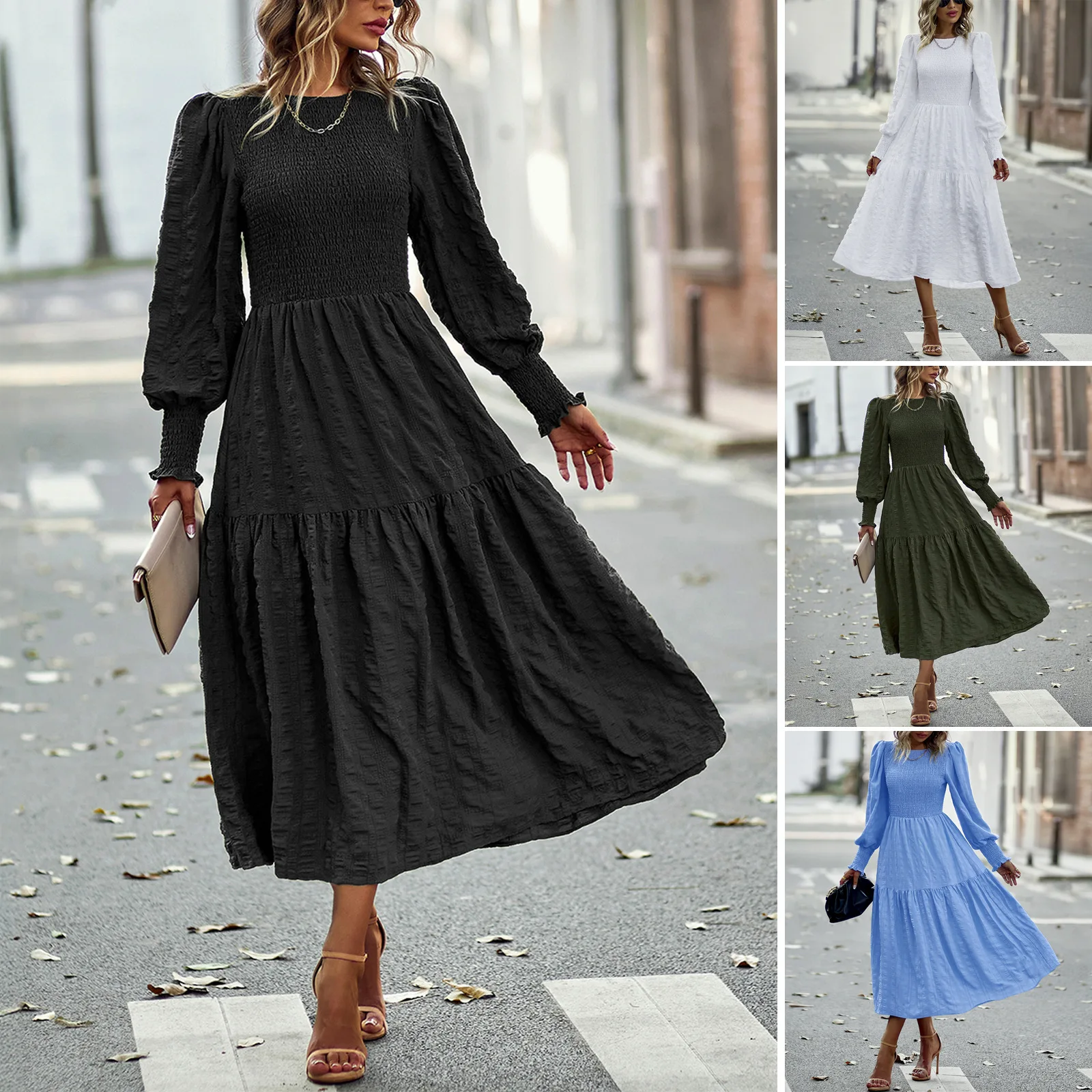 2025 Spring Autumn Women's Dress Lady's Solid Color Elastic Waist Long Sleeve Dress Female Elegant Dress Jacquard Pattern Dress 