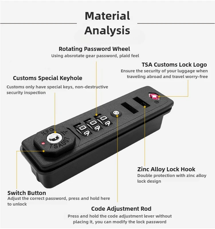 TSA007 ล็อคแบบผสมผสานศุลกากร 3 หลักล็อคกระเป๋าเดินทางป้องกันการโจรกรรมกระเป๋าเดินทางอุปกรณ์เสริมอลูมิเนียมล็อค XFG TSA รหัสกุญแจ