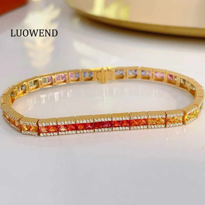 LUOWEND 18K Yellow Gold Bracelet Luxury Rainbow Design Shiny Diamond Natural Color Sapphire Bracelet for Women Party Jewelry