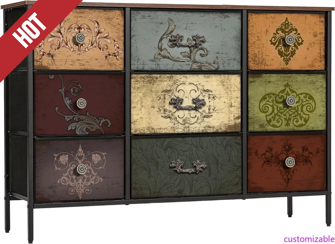 

Customizable-Dresser For Bedroom With 9 Deep Fabric Drawers, Wide TV Stand Storage Cabinet, Colorful Chest Of Drawers For Closet