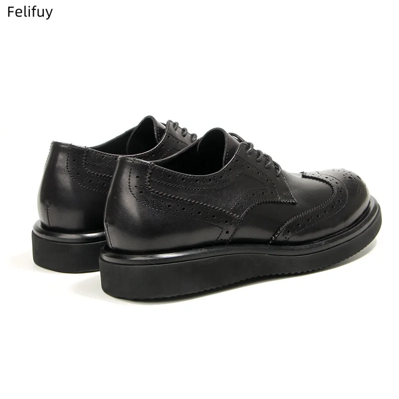 Black Genuine Leather Men's Formal Shoes Vintage Men's Lace Up Platform Brogue Dress Shoes High-Quality Business Men's Shoes