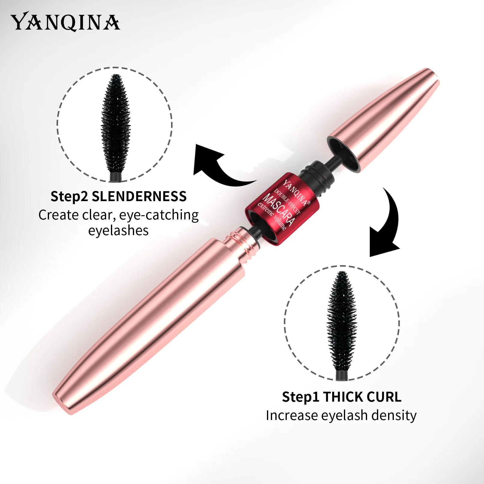 YANQINA 2in1 Mascara Silica Gel Brush Lengthening Curling Densely Waterproof Cool Black Eyelash Growth Solution Makeup