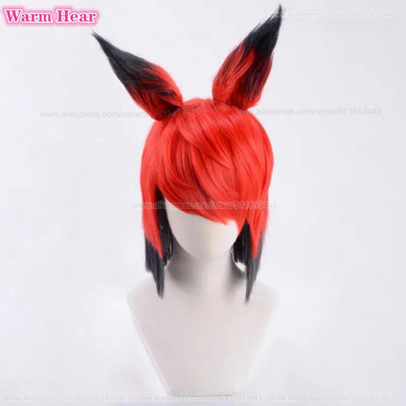 

Hotel Alastor Synthetic With Ear Cosplay Anime Short Red Black Heat Resistant Hair Men Women Wigs + A Wig Cap