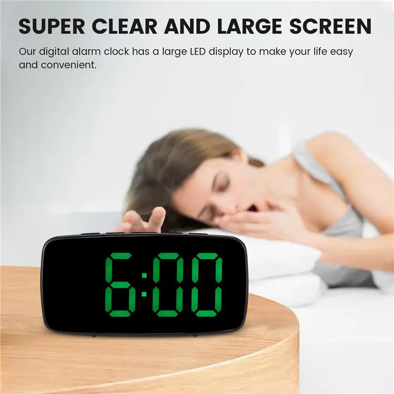 Smart Digital Alarm Clock Bedside,LED Travel USB Desk Clock With 12/24H Date Temperature Snooze For Bedroom,Black