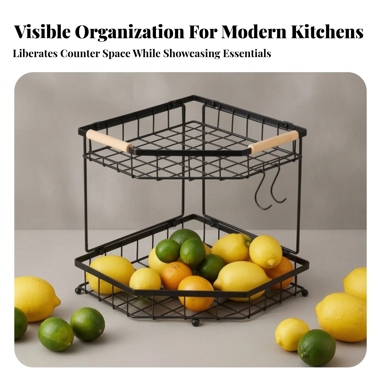 Corner Countertop Organizer Compact 2-Tier Corner Shelf Countertop Rack with Wood Handles Rustic-Industrial Sturdy