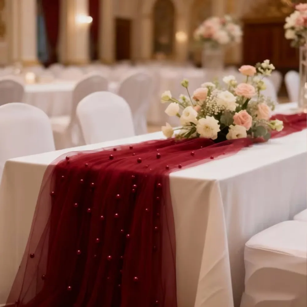 Dreamy Luxury Wedding Table Runner Romantic Multi-color Pearl Chiffon Runner Semi-Transparent Table Cover Anniversary