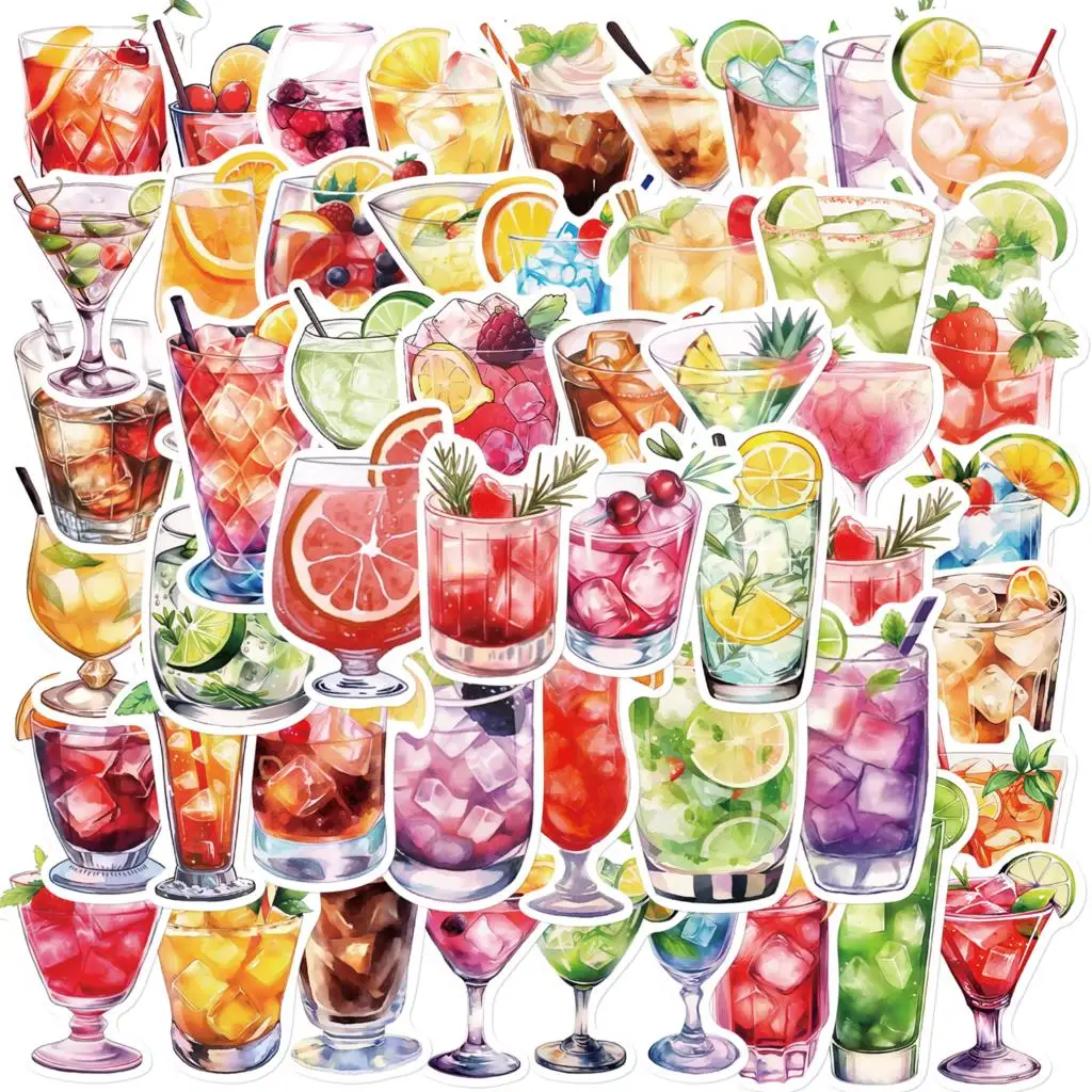 Desenhos animados Cocktail Aquarela Adesivos para Crianças, Vinho Kawaii Adesivo, Jornal Lazer, Conta Mão, Laptop, Notebook, Kawaii, 10 Pcs, 50Pcs