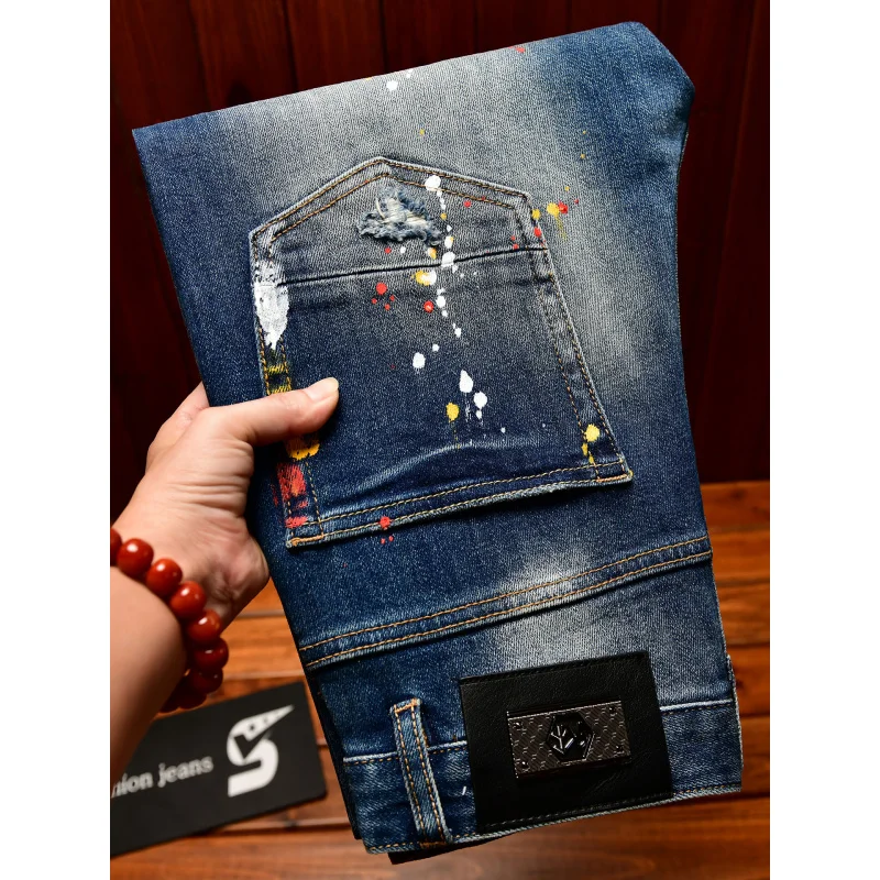 Paint Print Retro Jeans for Men Street Style Trendy Handsome Men's Clothing Distressed Slim Fit American Style Men's Pants