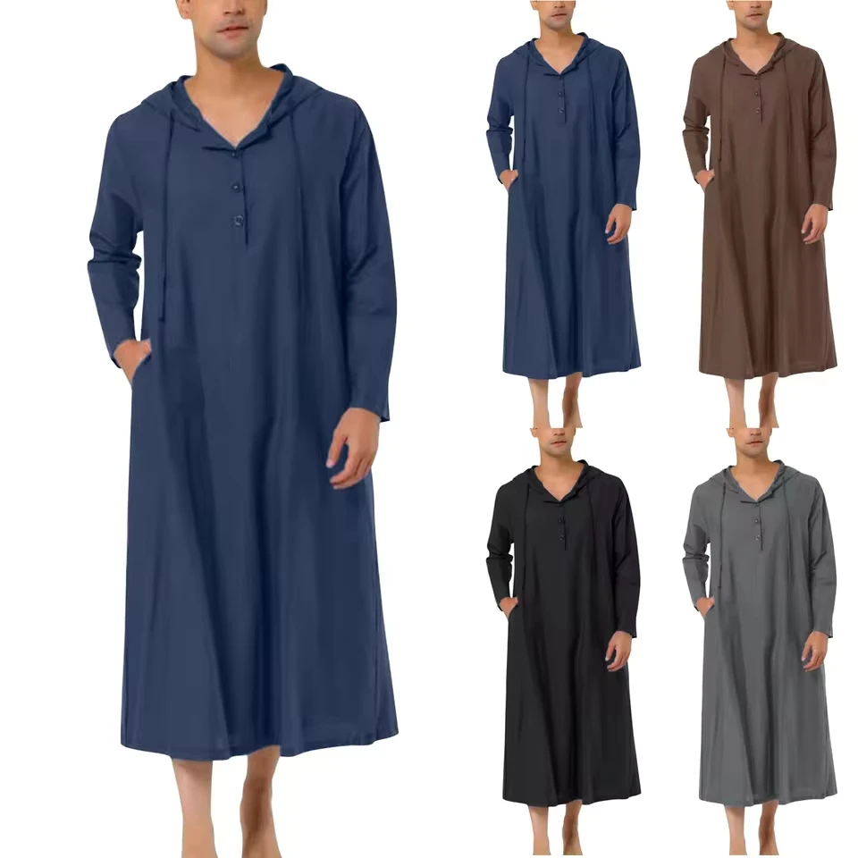 Mens Muslim Arabia Casual Long Sleeve Pocket Loose Robe Shirt Muslim Robe Solid Elegant Roll-Up Sleeves Men'S Checkered Shirt