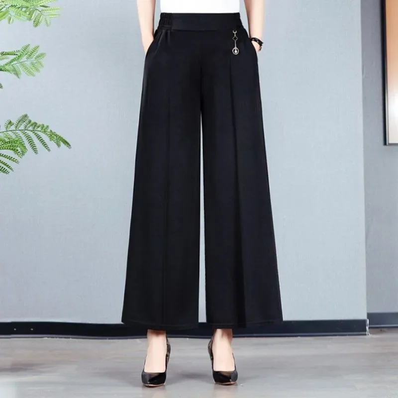 Casual Summer Pants Women's Solid Elastic Waist Quick Drying Pockets Fashion High Waist Loose Wide Leg Ankle Trousers E4720