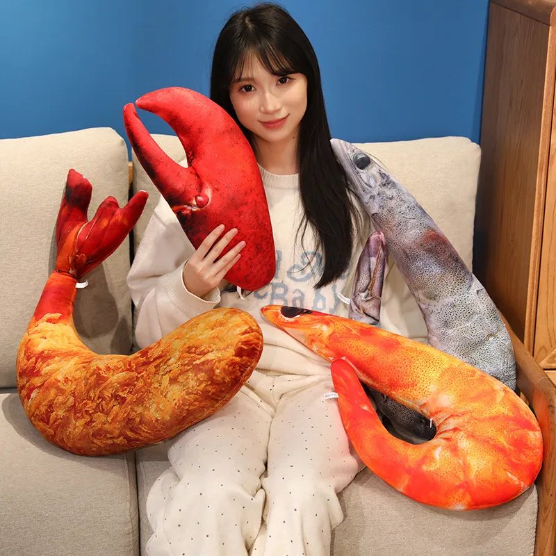 Like Real Shrimp Lobster Plush Pillow Stuffed Image Printed Aquatic Animal Cushion Back Support Plushie Companion Gift