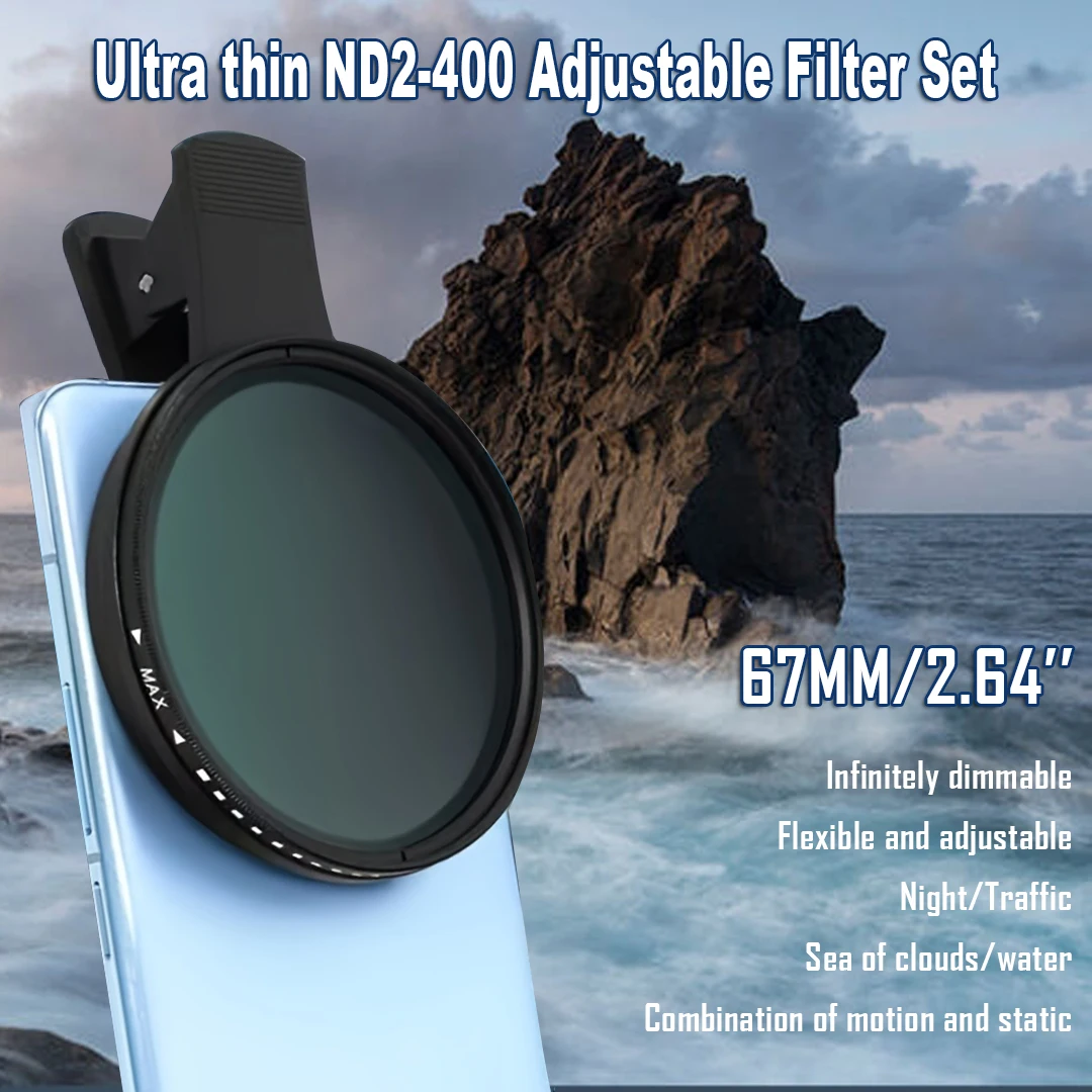 Kit de filtro de lente de 67mm com clipe de lente de telefone móvel filtro variável ND2-ND400 para iphone 16 15 14 pro max google pixel telefones inteligentes