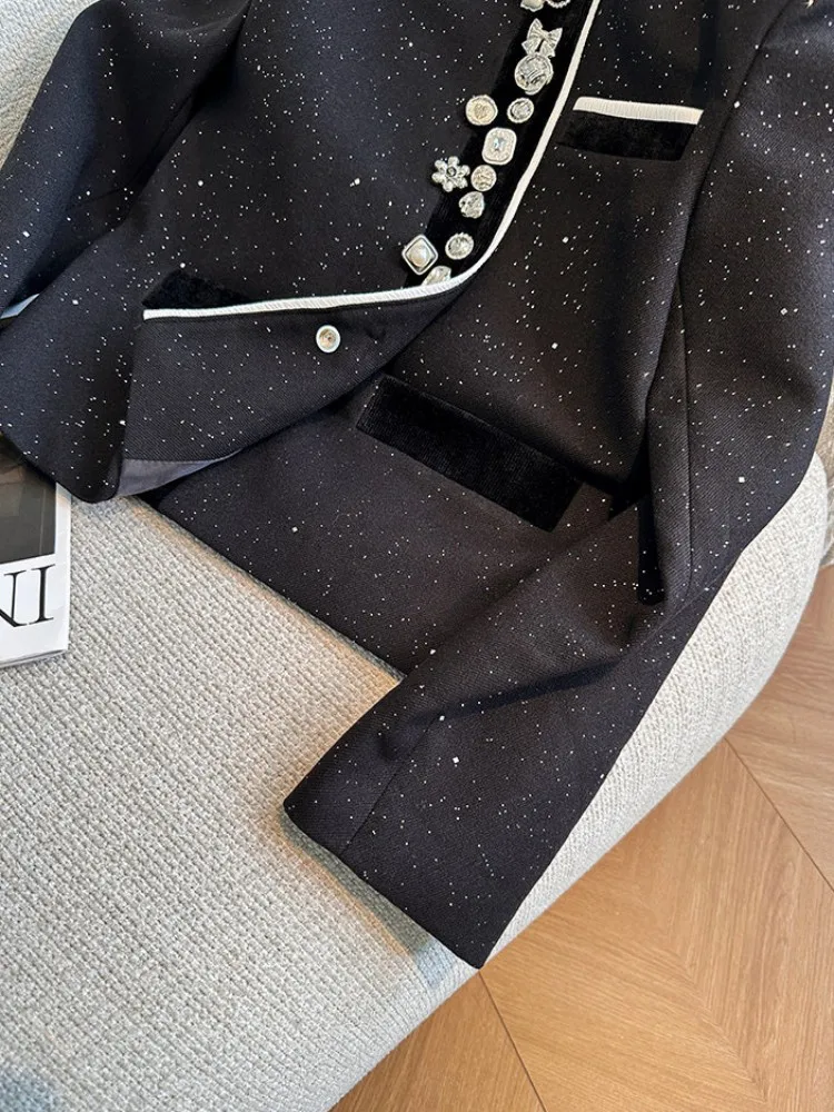 السيدات الجديدة عارضة واسعة الخصر فضفاض مطرزة سترة س الرقبة أبلى مغطاة زر أنيقة المرأة مصمم طويلة الأكمام معطف قصير