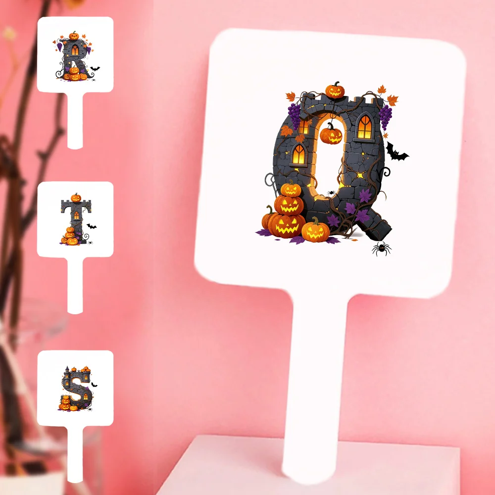 Espejo de maquillaje de mano cuadrado con estampado de dibujos animados, espejo de bolsillo portátil, herramienta de maquillaje para el cuidado Facial a la moda, patrón de letras de Halloween