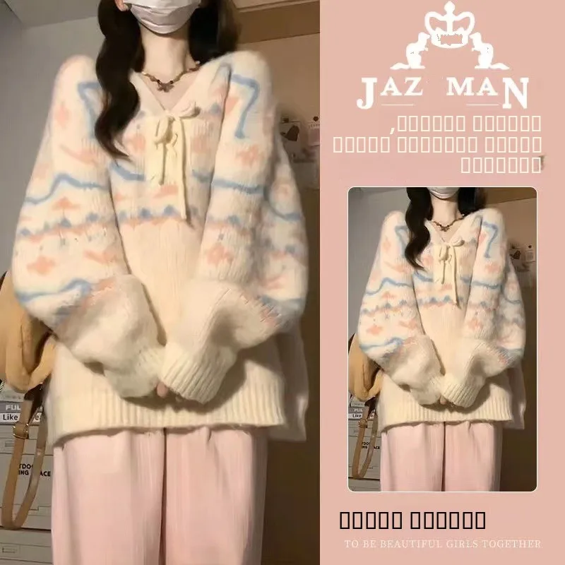 

Ele Vintage V-Ne Knitted Sweater Women's Long Sve Belted Striped Cardigan Lazy Sle Top for Autumn Season