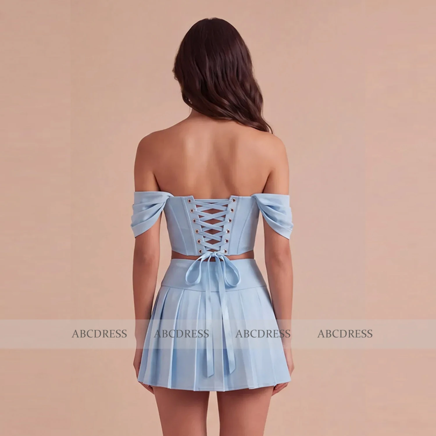 Customized Light Blue 2 Piece Homecoming Dress Off Shoulder Rhinestone Cocktail Party Gown Corset Criss Cross Short Prom Dress