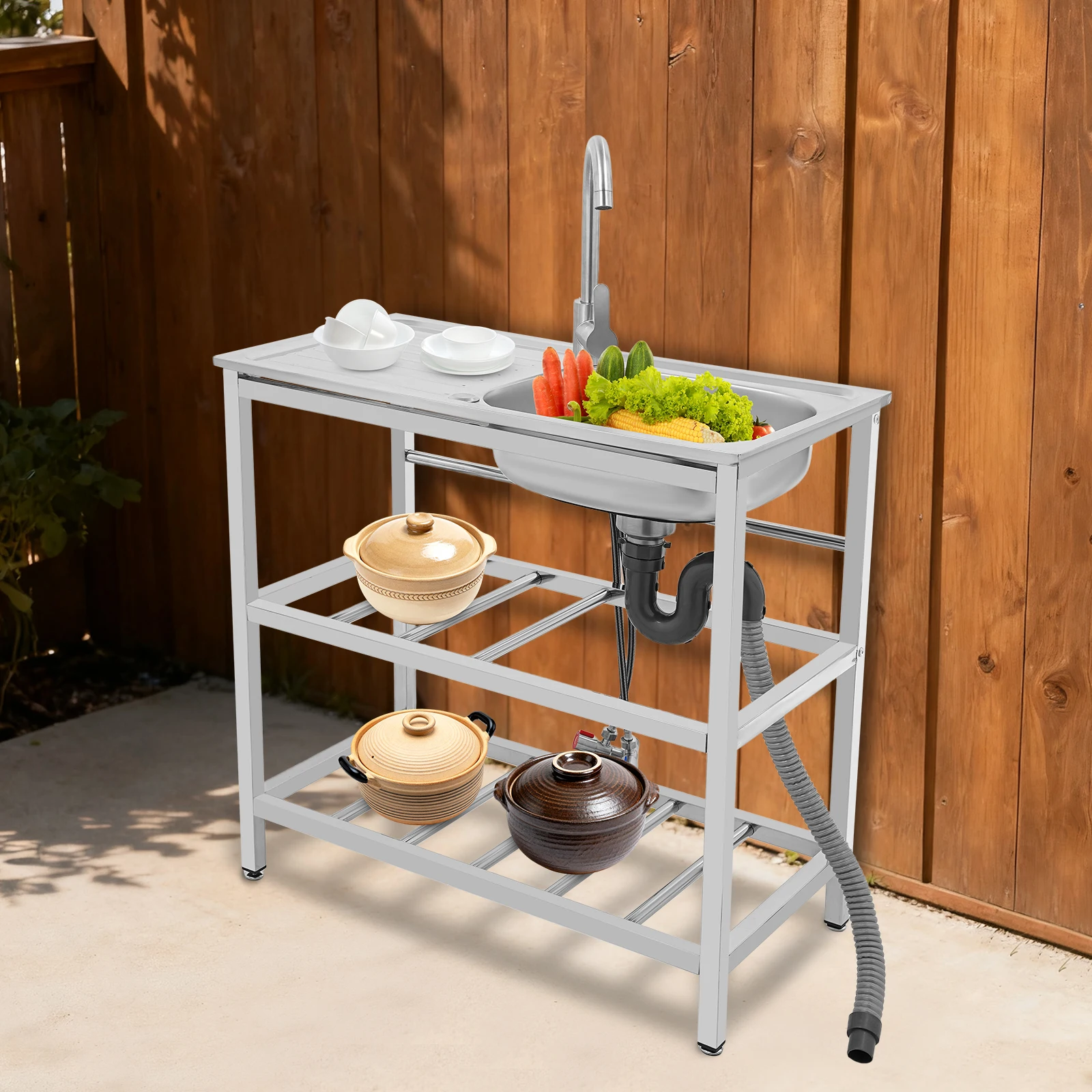

Stainless Steel Freestanding Kitchen Sink Integrated Welding Design With Faucet 14cm Basin Depth for Indoor Outdoor Garden Cafe