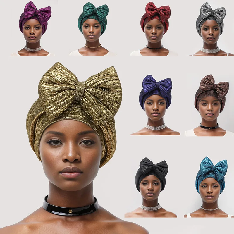 African Auto Gele Headtie Aso Oke Nigeria Bowknot Turban Cap for Women Muslim Hijab Headscarf Bonnet Already Made Head Wrap Hat