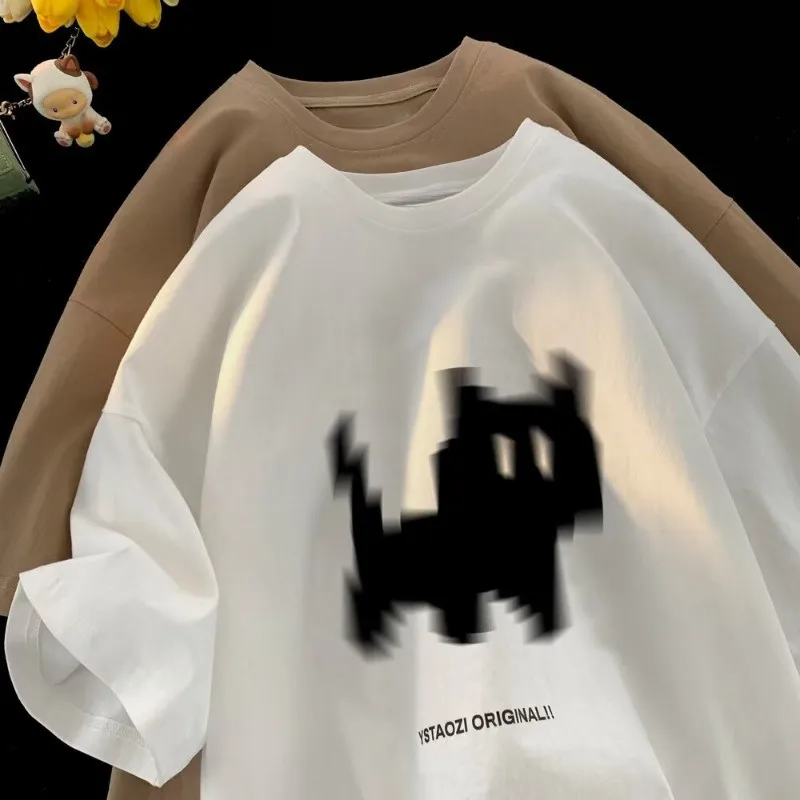 Japanese Lazy T-shirt M-8XL Large Size Top Cartoon Blurred Black Cat Print Suitable For Men And Women