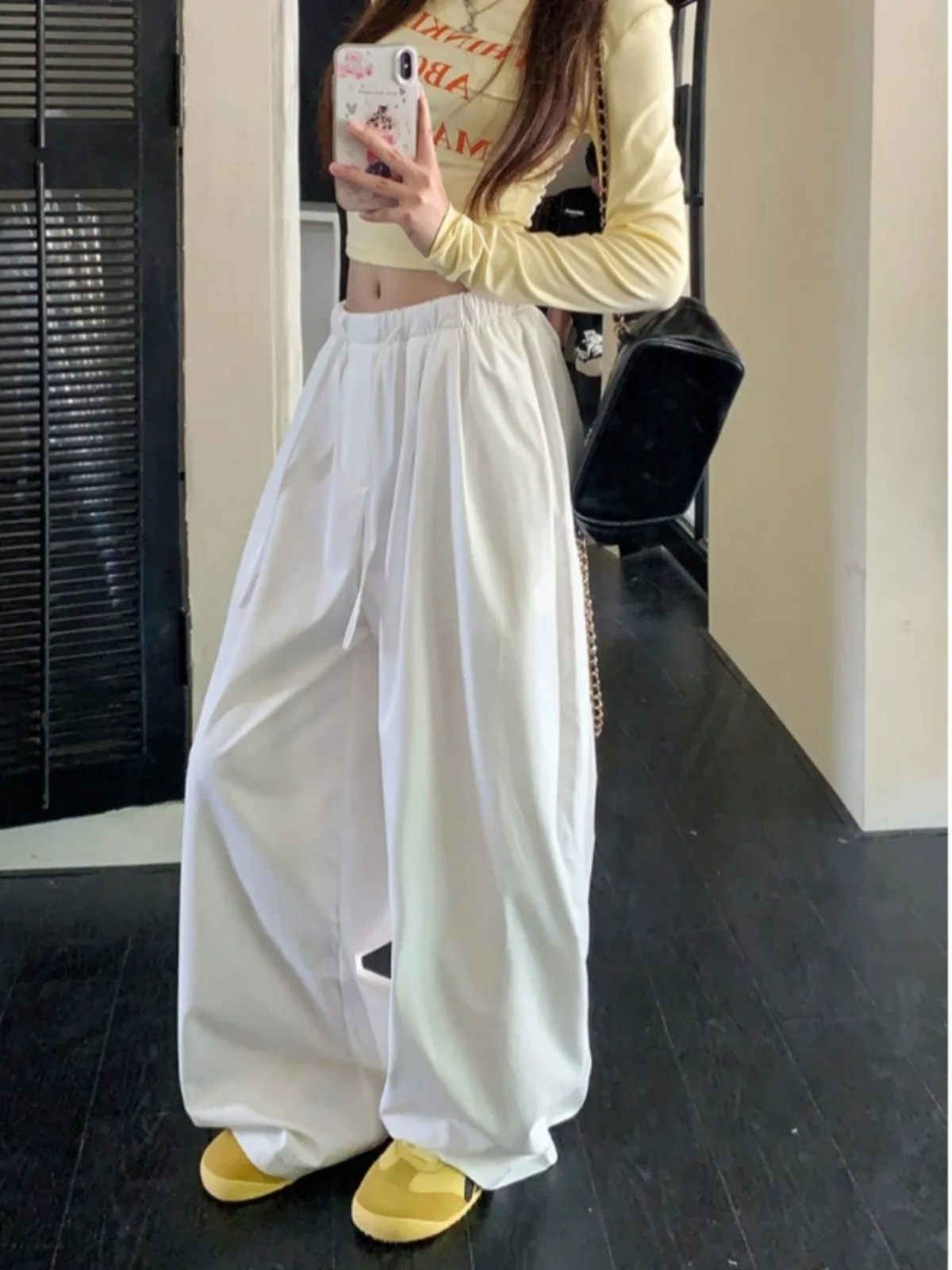 Wijde pijpen broek Vintage dames print Effen kleuren Dames zomer satijnen split Lichtgewicht trekkoorden Zoet zacht verstelbaar buiten