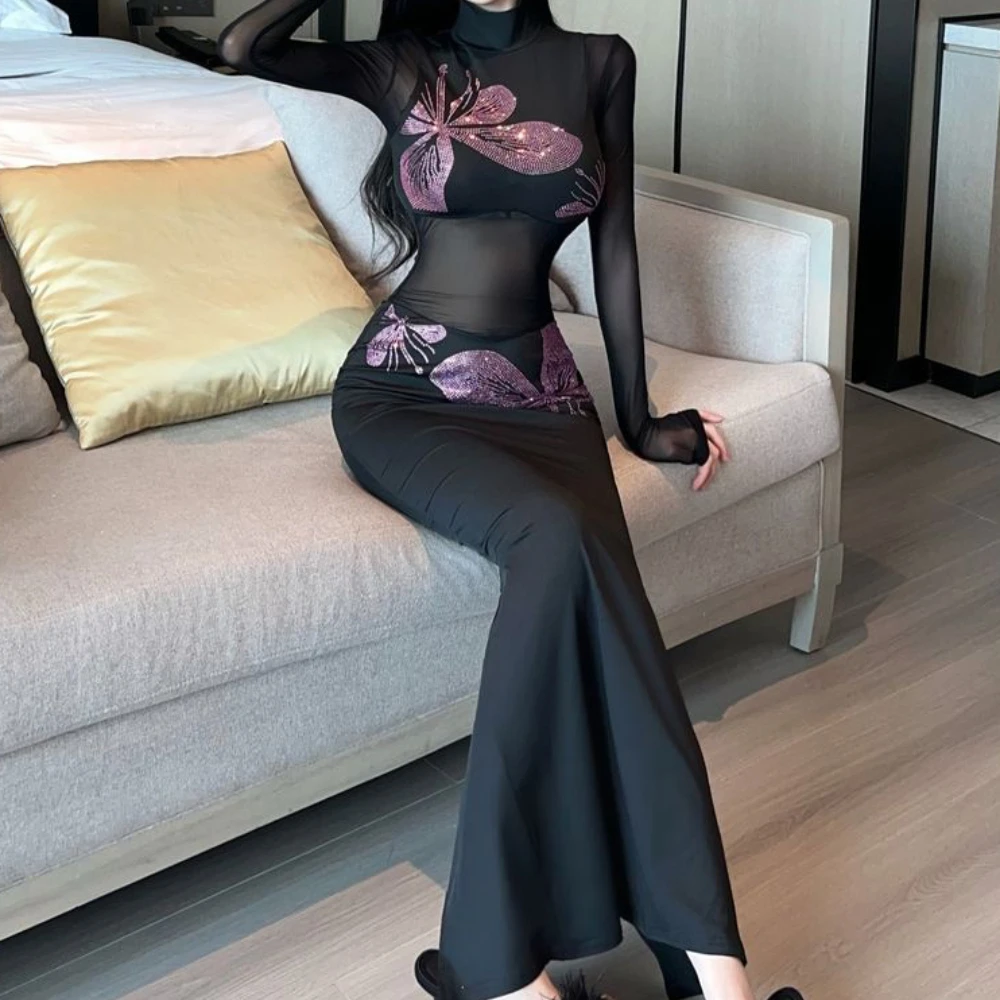 

Women's Black Mesh Dress-High Neck Long Sleeve Flower Decor Bodycon Mermaid Maxi with Back Slit Sexy Elegant Dress Spring Autumn