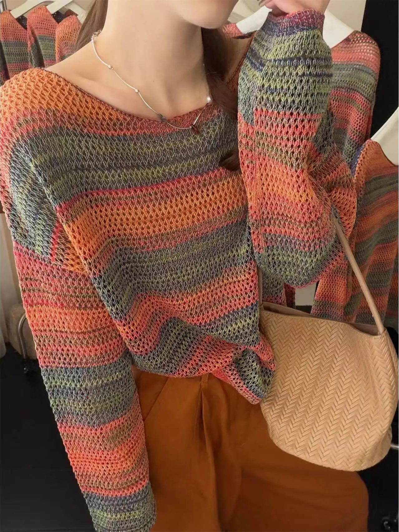 Korean Style Hollow Texture Gradient Stripe One Shoulder Long Sleeve Women's Knitted Top Thin Design Sense Commute Style Loos...