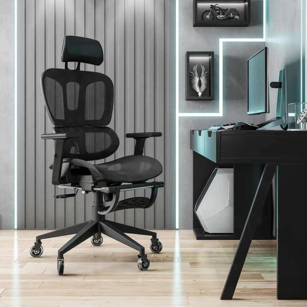 Reclining Ergonomic Mesh Office Chair Lumbar Support And Footrest 110 Degree Synchro Tilt Adjustable Height Open Back Office