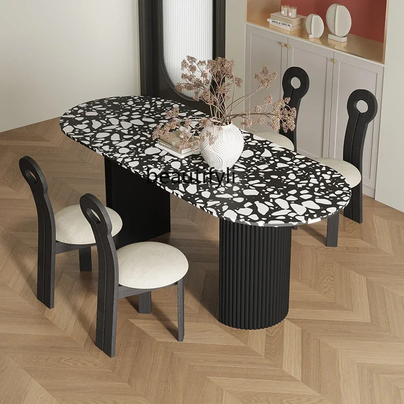 French retro marble terrazzo dining table and chair combination household solid wood light luxury dining table