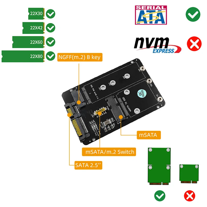 PC 노트북용 어댑터 컨버터 라이저 보드 카드, M2/mSATA to SATA 어댑터, 2in 1 M.2 SATA 키 B SSD / mSATA SSD to SATA3.0 6G 2.5 인치