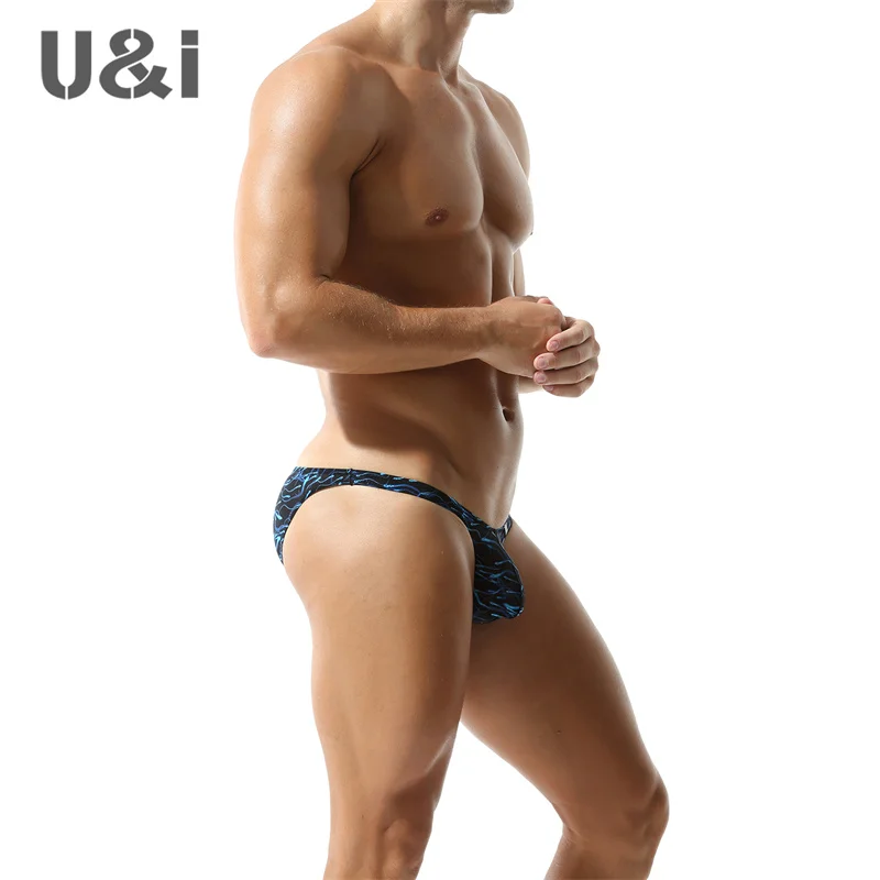 U＆I sexy low waist briefs for men with personalized printing, thin breathable nylon narrow edge U convex pouch