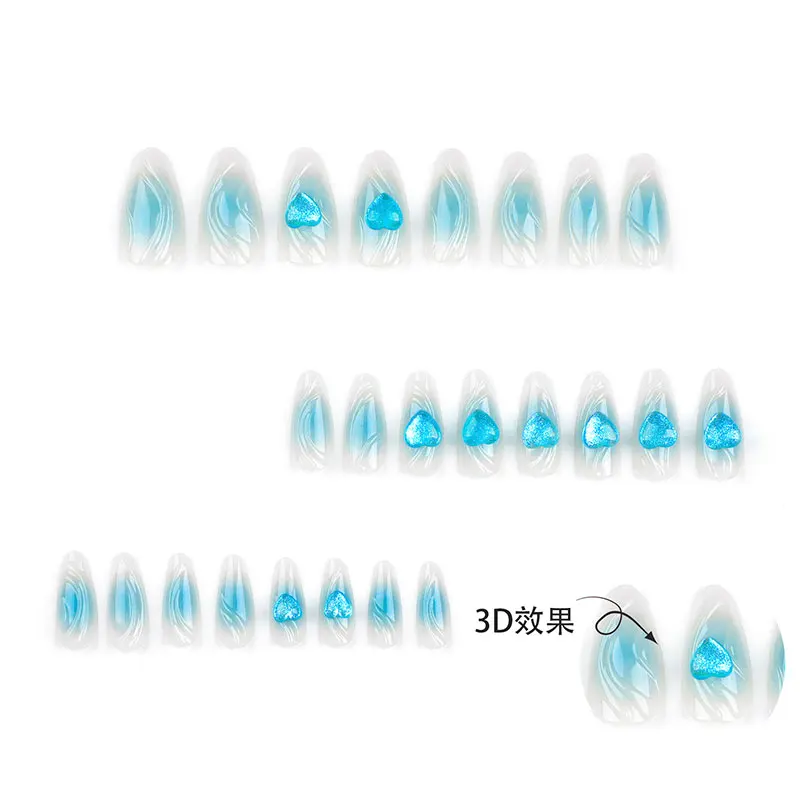 Linha francesa Design Unhas Falsas, Cobertura Total, Fake Nail Art, Decoração com Unhas Removíveis, Blue Love, 24 Pcs por Caixa