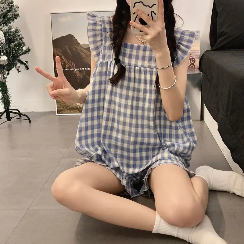 2 قطعة منقوشة الحمالات بيجامة مجموعات الصيف موضة عادية ساحة الرقبة سترة صغيرة تحلق كم ملابس المنزل النساء ملابس خاصة