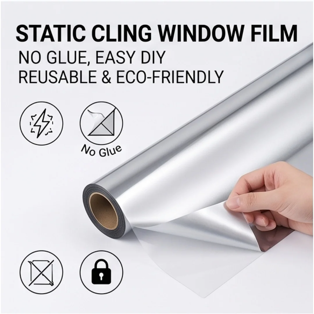 Static Cling One Way Window Film Double Silver Sides No‑Glue Daytime Privacy Anti‑UV Heat Insulation Sun Block Glass Sticker for