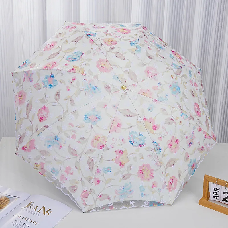 

2025 New Lace Print Sun Umbrella UV Protection Folding Parasol Women's Anti-UV Compact Travel Sunshine Rainproof Korean Style