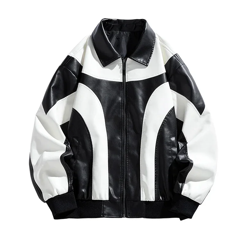 Hip Hop Style Leather Jacket Black/white Fashionable Versatile Lapel Windproof mountain PU Coat Casual Outdoor Men's Clothing