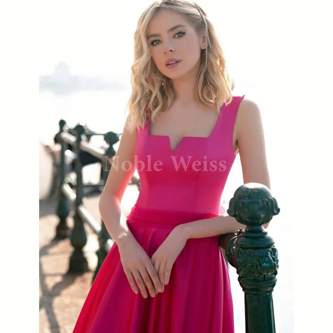 Women Square Collar Prom Dresses Tea Length Tulle Pleat Sleeveless Wedding Party Customize