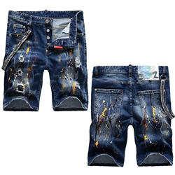 New arrive men’s slim stretch blue ripped jeans shorts light luxury color ink splashed decors street shorts sexy casual shorts;