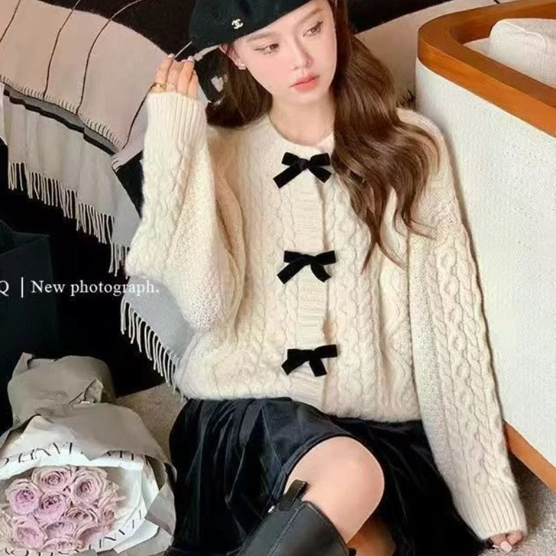

Vintage Korean Bow Sweet Cardigan Women Cute Long Sleeve Solid Knitted Sweaters Casual O Neck Lady Fall Winter Top Outwear