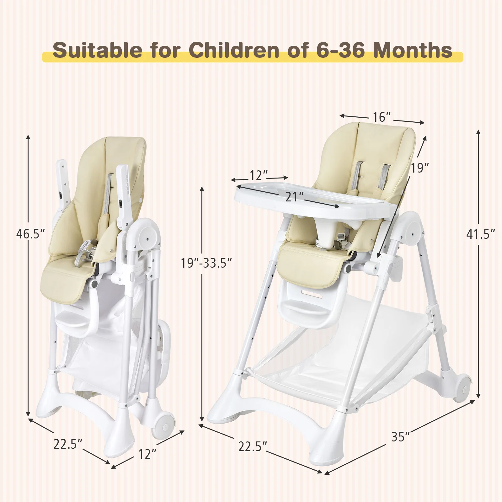 Baby Convertible Folding Adjustable High Chair w/Wheel Tray Storage Basket Beige