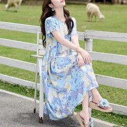 New 2024 Summer Dress Long Vintage Loose Women Elegant Sundress Short Sleeve Dress Casual O-neck Dresses Print Plus Size
