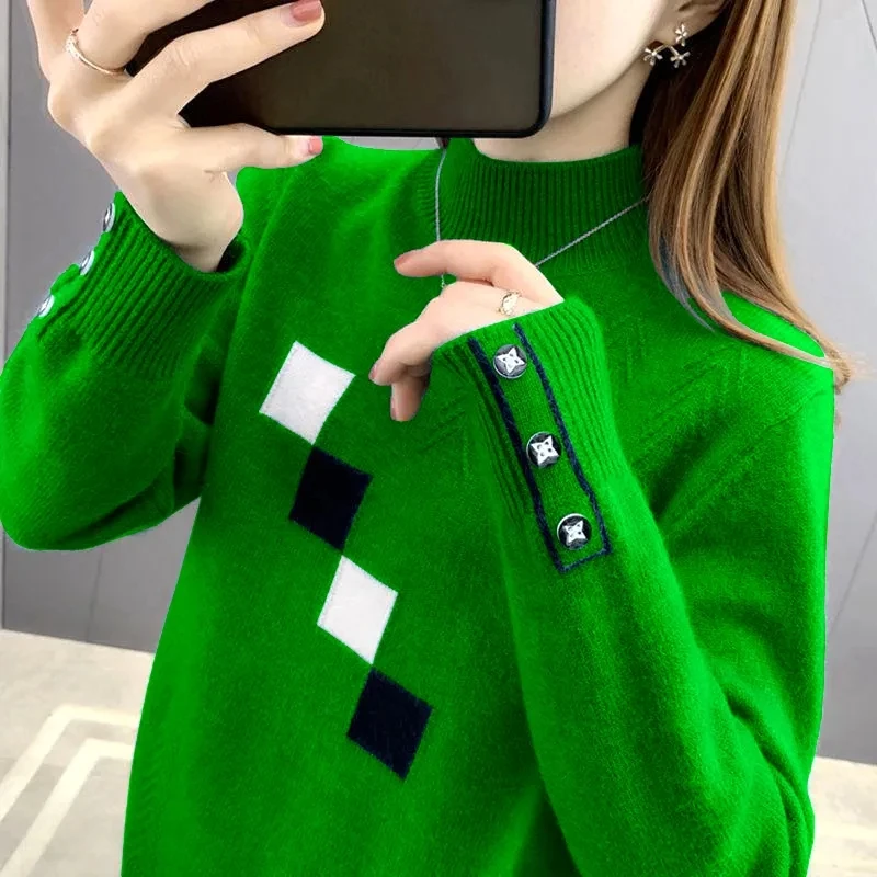 

Autumn Winter Color Block Knitted Sweater Pullovers Women's Clothing 2023 New Fashion Long Sleeved All-Match Casual Female Tops