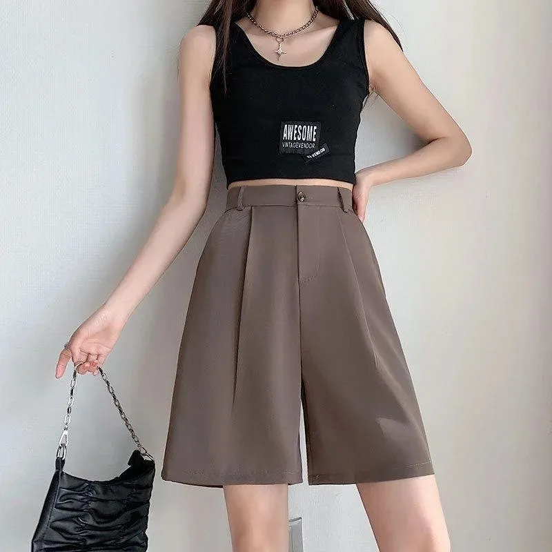 Women Suit Shorts Summer Baggy Solid Wide Pants Korean Fashion Casual Bottoms High Waisted Classic Shorts Y2k Clothing