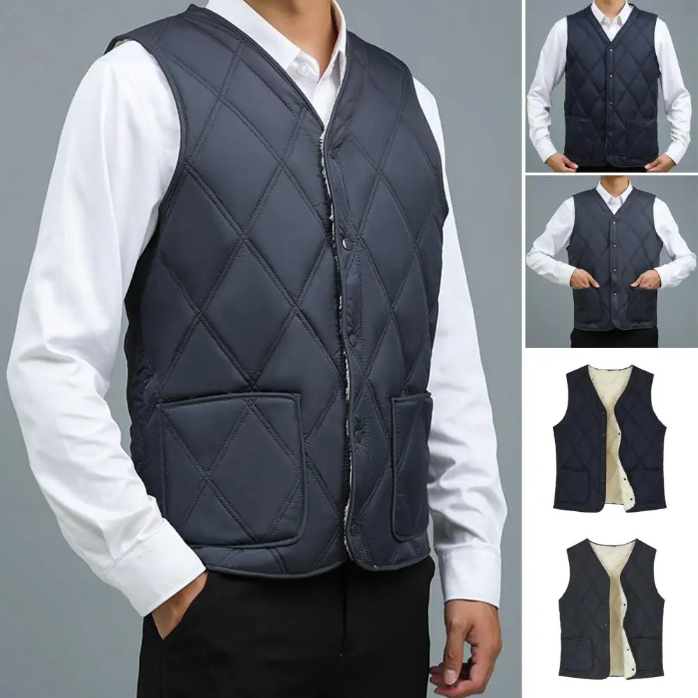 

Men Velvet Waistcoat Men's Velvet Quilted V-neck Waistcoat with Plush Lining Single-breasted Winter Vest for Stylish for Warmth