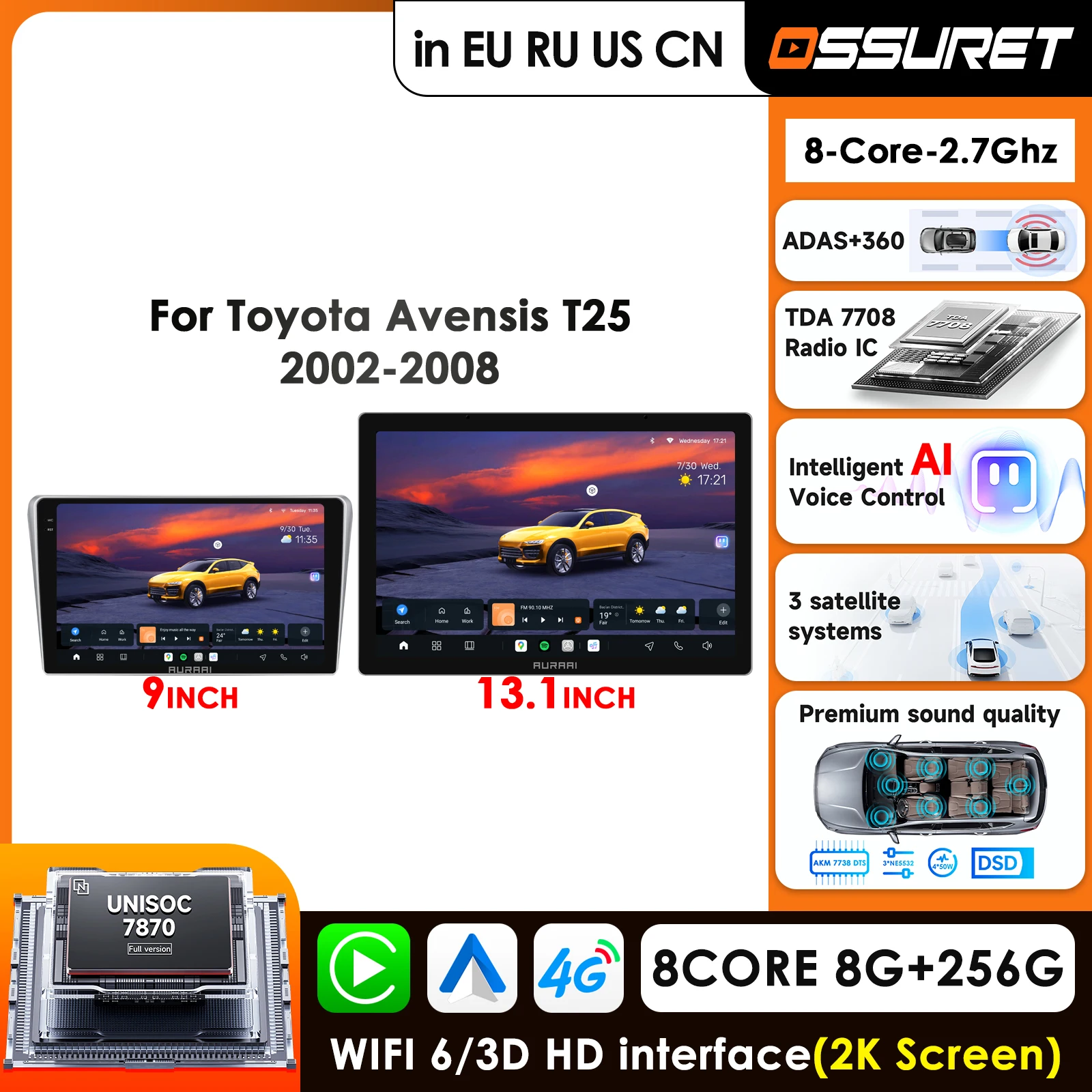 

Car Radio For Toyota Avensis T25 2002 2003 2004 2005 2006 2007 2008 2K 3D Screen Autoradio Video Carplay Audio Monitor 360° Cam