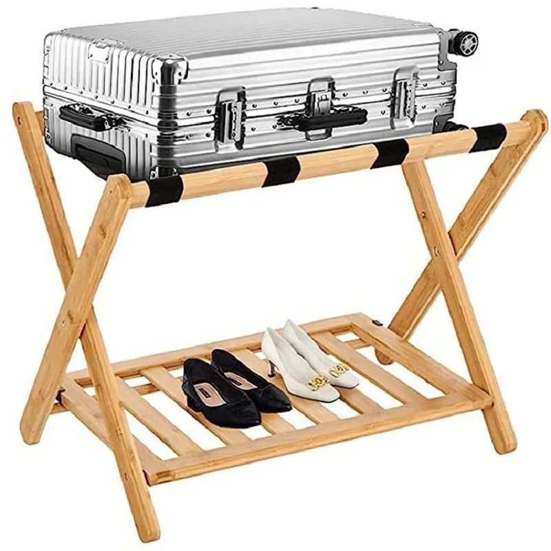 Bamboo Folding Luggage Rack, Double‑Tier Suitcase Storage Stand for Hotel Guest Room & Home Use