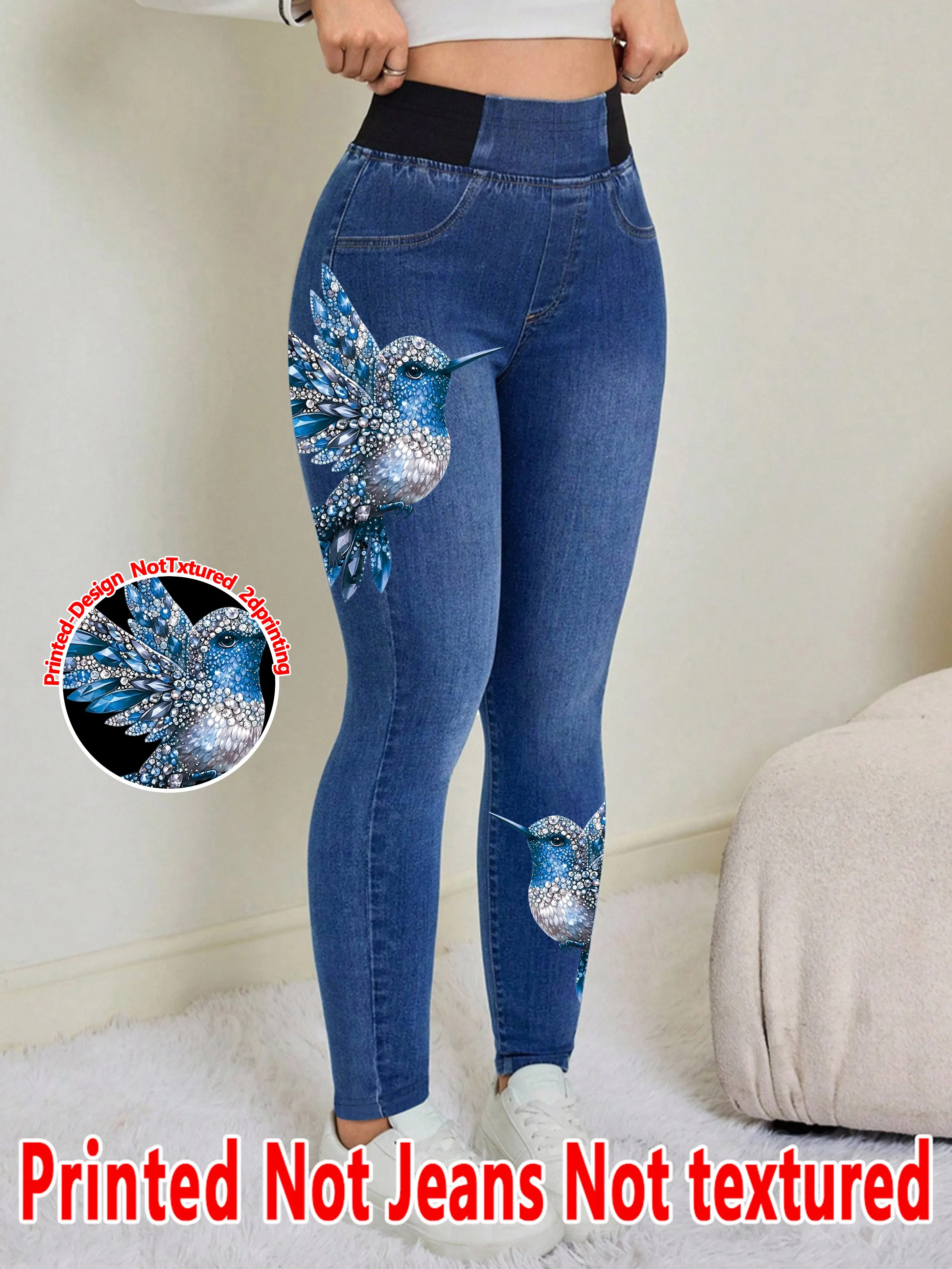 1561  Ladies Printed Slim Fit Pants Non- Denim Fabric Diamond Bird Print Base Layer Trousers for All Seasons