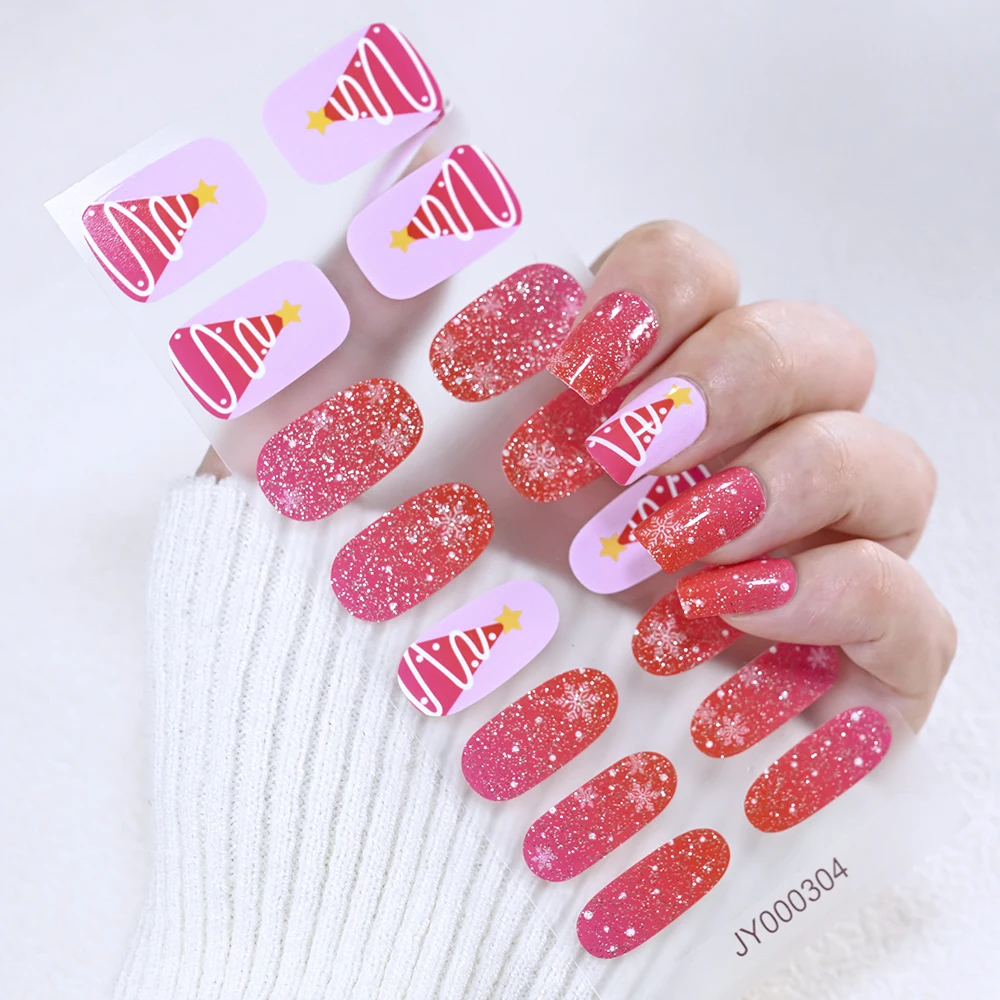 2 Blatt (32 Spitzen) backfreie Glitzer-Weihnachts-Nagelaufkleber, Farbverlauf, Rouge, Elch, Schneeflocken, Weihnachtsbaum, Gel-Nagelaufkleber, DIY-Nagelverpackung